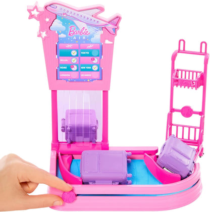 Barbie ‘Malibu’ Family & Friends Limitless Adventure Blonde Fashion Doll with Baggage Claim, Luggage, Trolly, Conveyer Belt and Carry-On, JMJ49