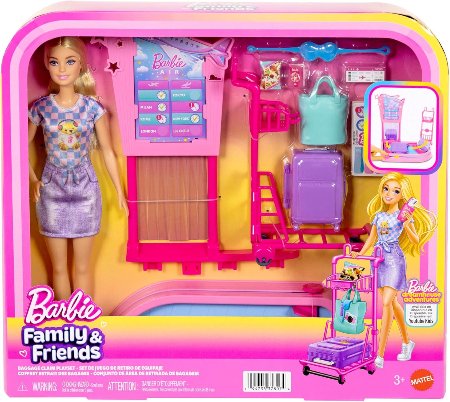 Barbie ‘Malibu’ Family & Friends Limitless Adventure Blonde Fashion Doll with Baggage Claim, Luggage, Trolly, Conveyer Belt and Carry-On, JMJ49