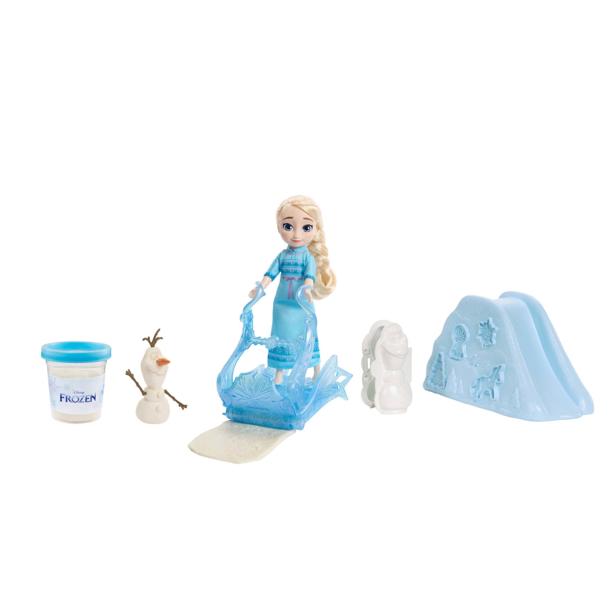Mattel Disney Frozen Toys, Young Elsa Doll (5.5 in) in Nightgown Fashion with Dough, Olaf Mold, Ice Sled & Snow Hill Accessories, Inspired by Movie, JJP87