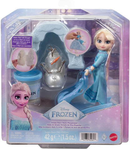 Mattel Disney Frozen Toys, Young Elsa Doll (5.5 in) in Nightgown Fashion with Dough, Olaf Mold, Ice Sled & Snow Hill Accessories, Inspired by Movie, JJP87