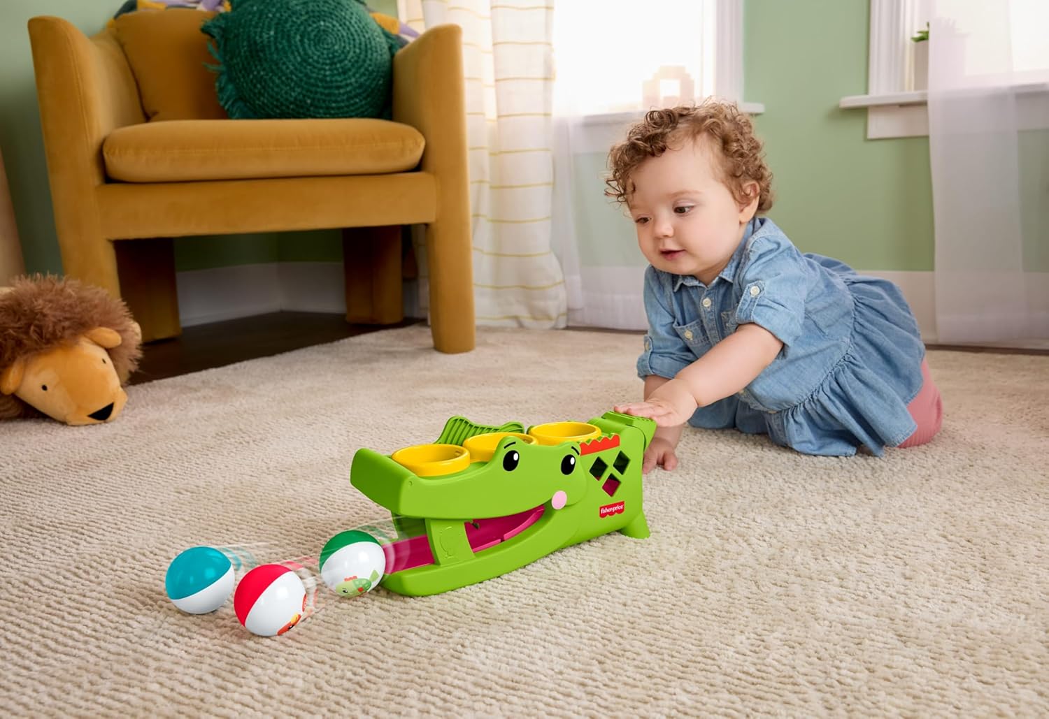 Fisher-Price - Coccodrillo Baby Giocoliere, Giocattolo evolutivo con martelletto e 3 Palline per Lo Sviluppo della motricità e Le Prime Fasi del Gattonamento, 9+ Mesi, JLB94