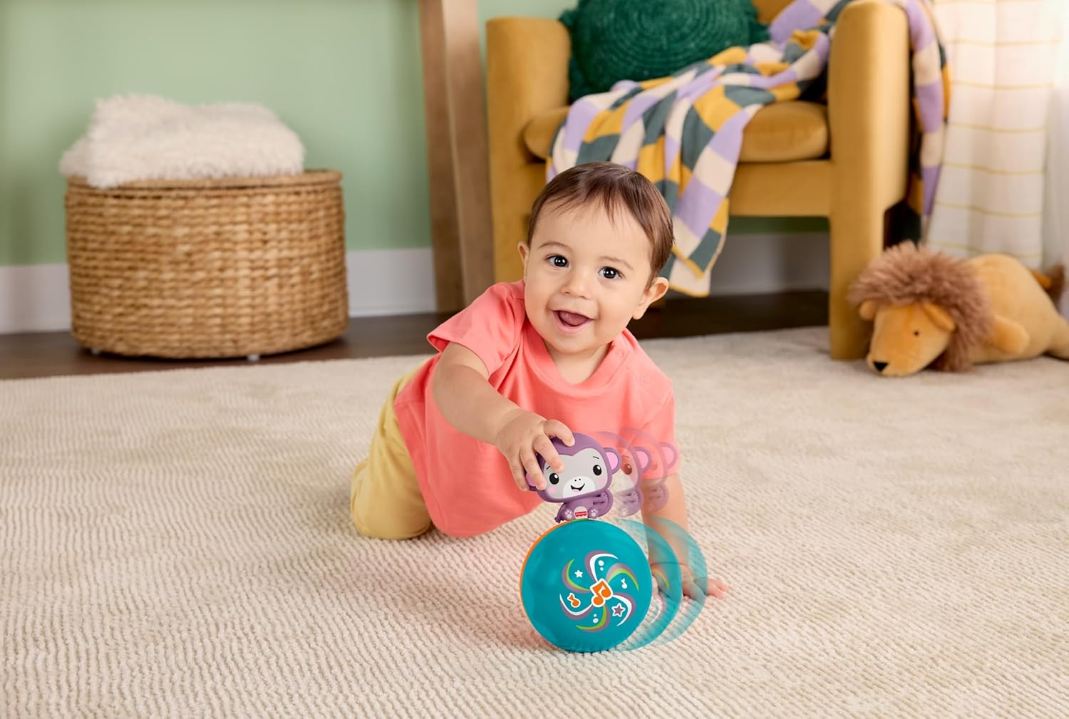 Fisher-Price Baby Toy Crawling Musical Purple Monkey Ball, Crawl-After Activity for Developmental Play Infants Ages 9+ Months, JLB95