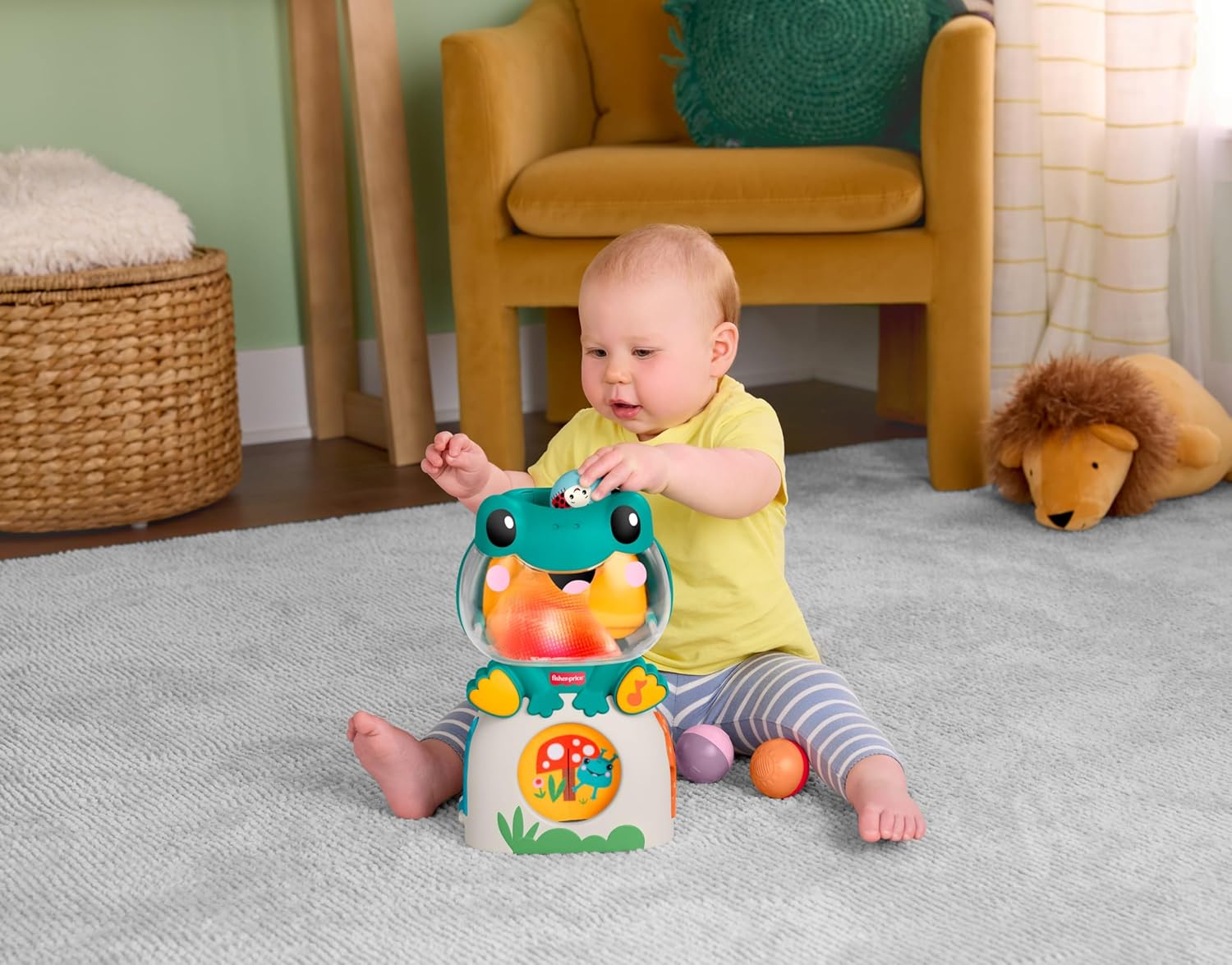 Fisher-Price - Ranocchietta Luci e Sorprese, Gioco attività con luci, Musica e Suoni, 3 Palline Colorate Incluse da Far rotolare per sviluppare la motricità, 6+ Mesi, JLB96
