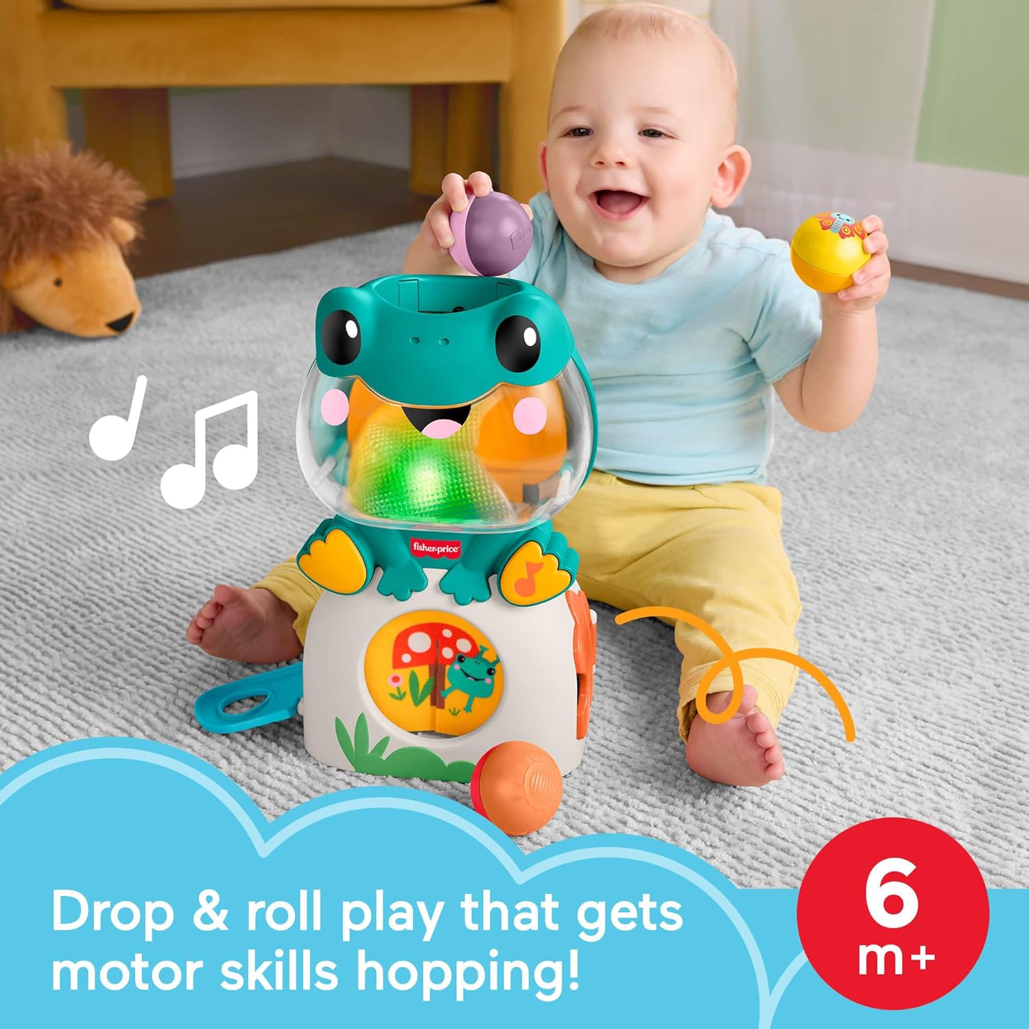 Fisher-Price - Ranocchietta Luci e Sorprese, Gioco attività con luci, Musica e Suoni, 3 Palline Colorate Incluse da Far rotolare per sviluppare la motricità, 6+ Mesi, JLB96