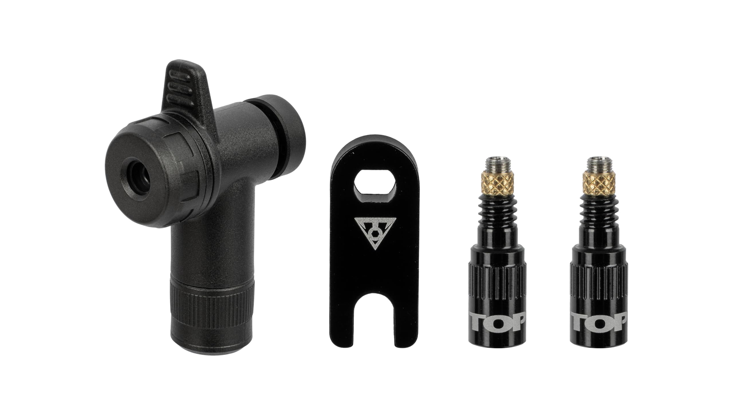 Topeak TurboFlow Ventiladapter RapidHead Set 4-TLG, Aluminium/Composite, Schwarz, inkl. Presta-Ventil Werkzeug, kompakt & robust 2,5x4,8x7,2 cm, 15712027