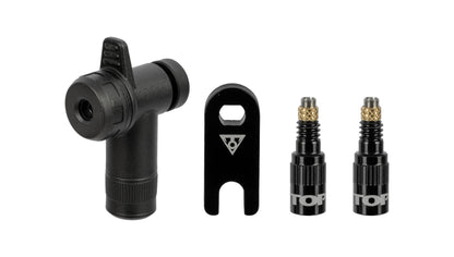 Topeak TurboFlow Ventiladapter RapidHead Set 4-TLG, Aluminium/Composite, Schwarz, inkl. Presta-Ventil Werkzeug, kompakt & robust 2,5x4,8x7,2 cm, 15712027