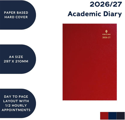 2026-2027 Mid/Academic Year Planner - 13 Month A4 Day-to-Page with Appointments - Collins Debden Desk Diary Red (44M.15-2627