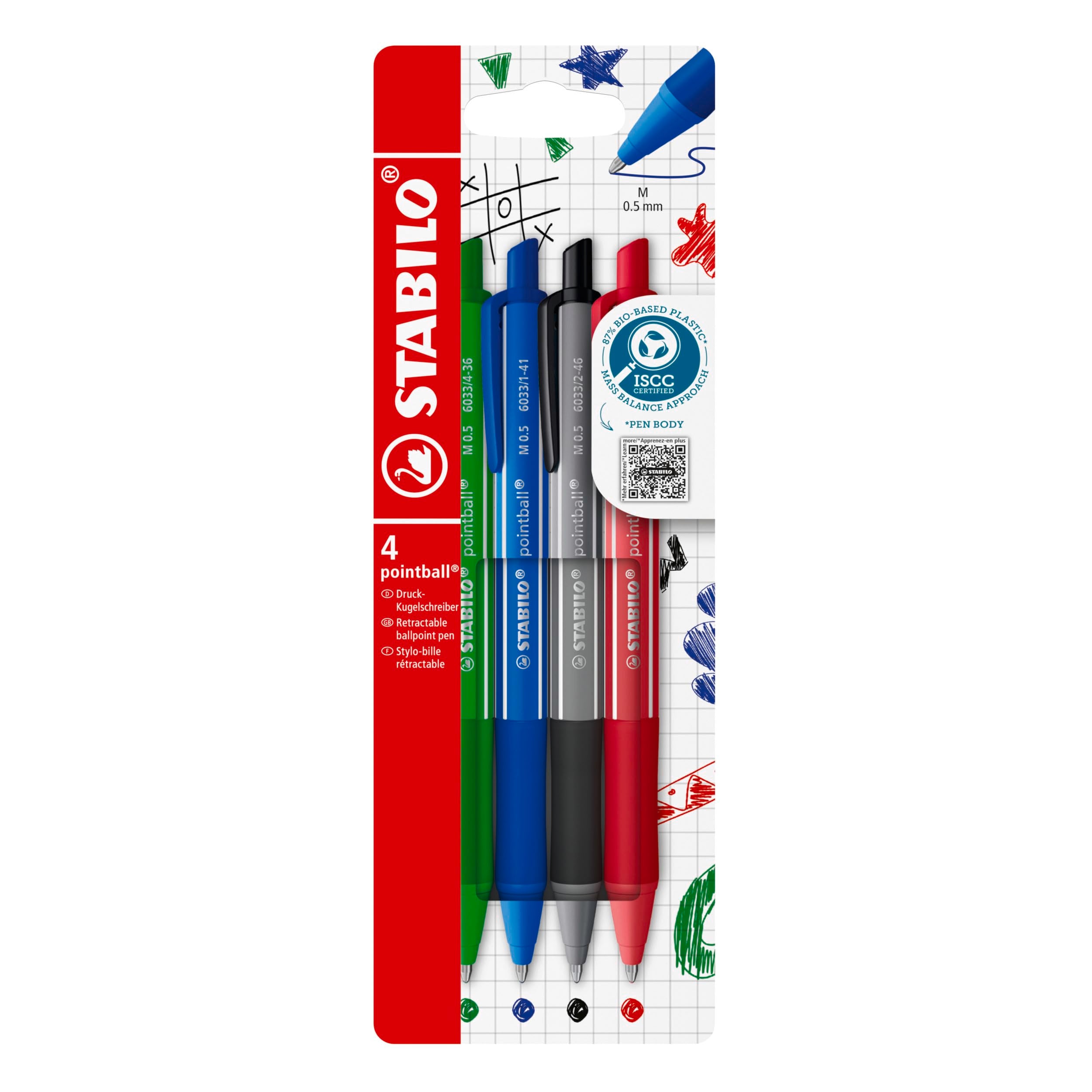 STABILO pointball colorful - Penna a Sfera - Pack da 4 - Verde/Blu/Nero/Rosso