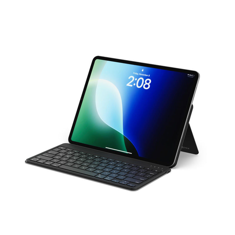 Satechi OntheGo Bluetooth Keyboard with Adjustable Stand, Connect up to 3 Devices, USB-C Rechargeable Battery, Portable Keyboard for iPad, Tablet – Black, 𝗨𝗦 𝗤𝗪𝗘𝗥𝗧𝗬 𝗟𝗮𝘆𝗼𝘂𝘁