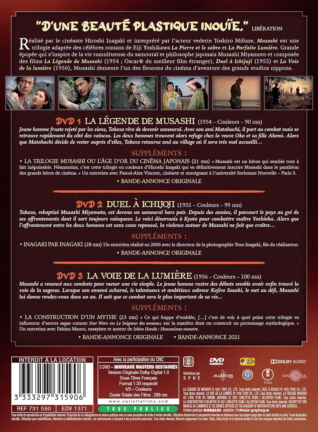 La trilogie musashi : la légende de musashi + duel à ichijoji + la voie de la lumière