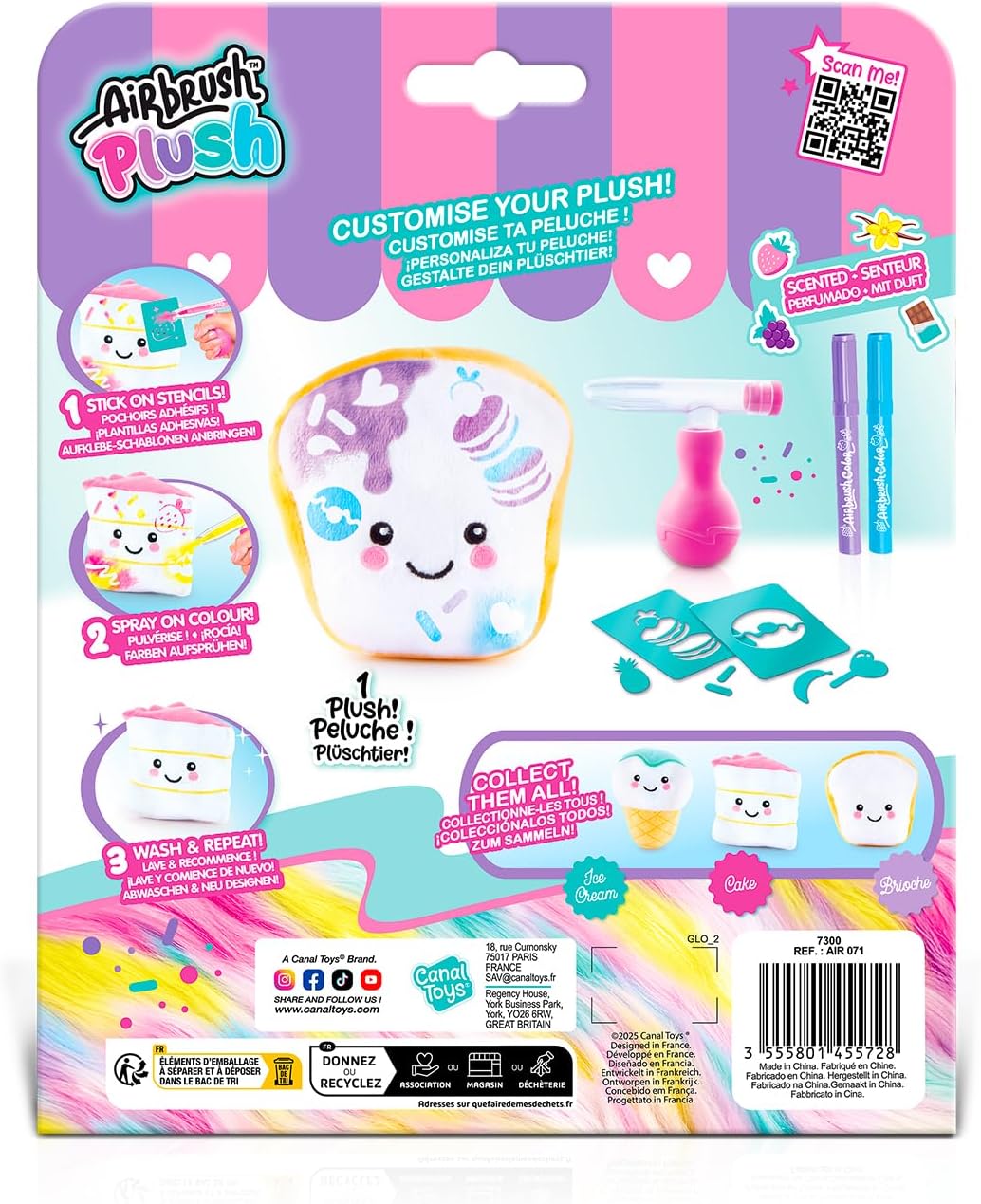Canal Toys - AirbrushPlush - Food'Tastic Mini Plush Toy to decorate with scented felt-tip pens & stencils for children aged 6+ - Gift idea Decorate it infinitely - AIR 071 - Assortment