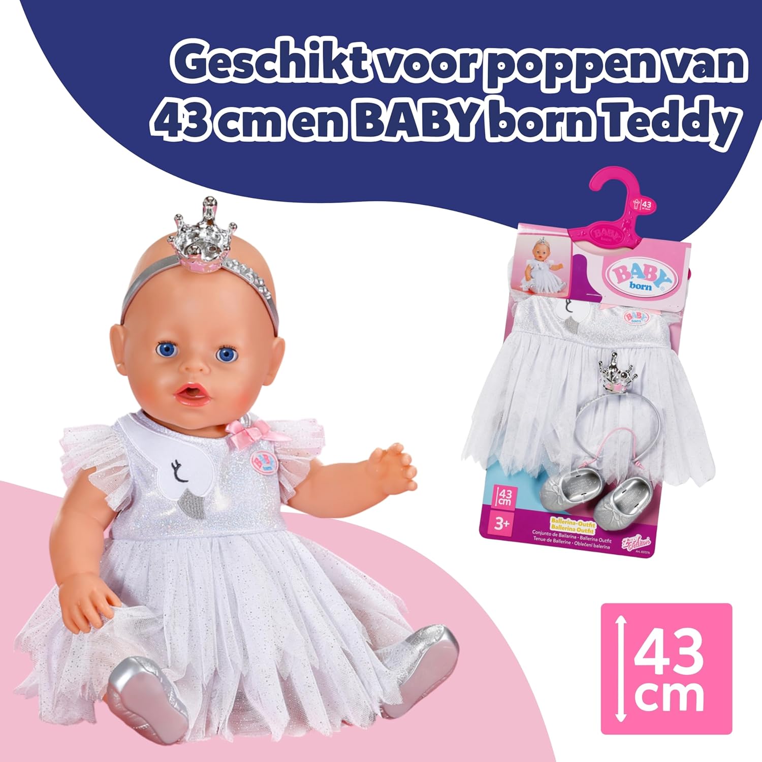 BABY born ballerina outfit - Body & tule rok met zwaan borduurwerk - Incl. haarband met kroon & schoenen - Hoge kwaliteit poppen accessoires - Kleding geschikt voor poppen maat 43 cm