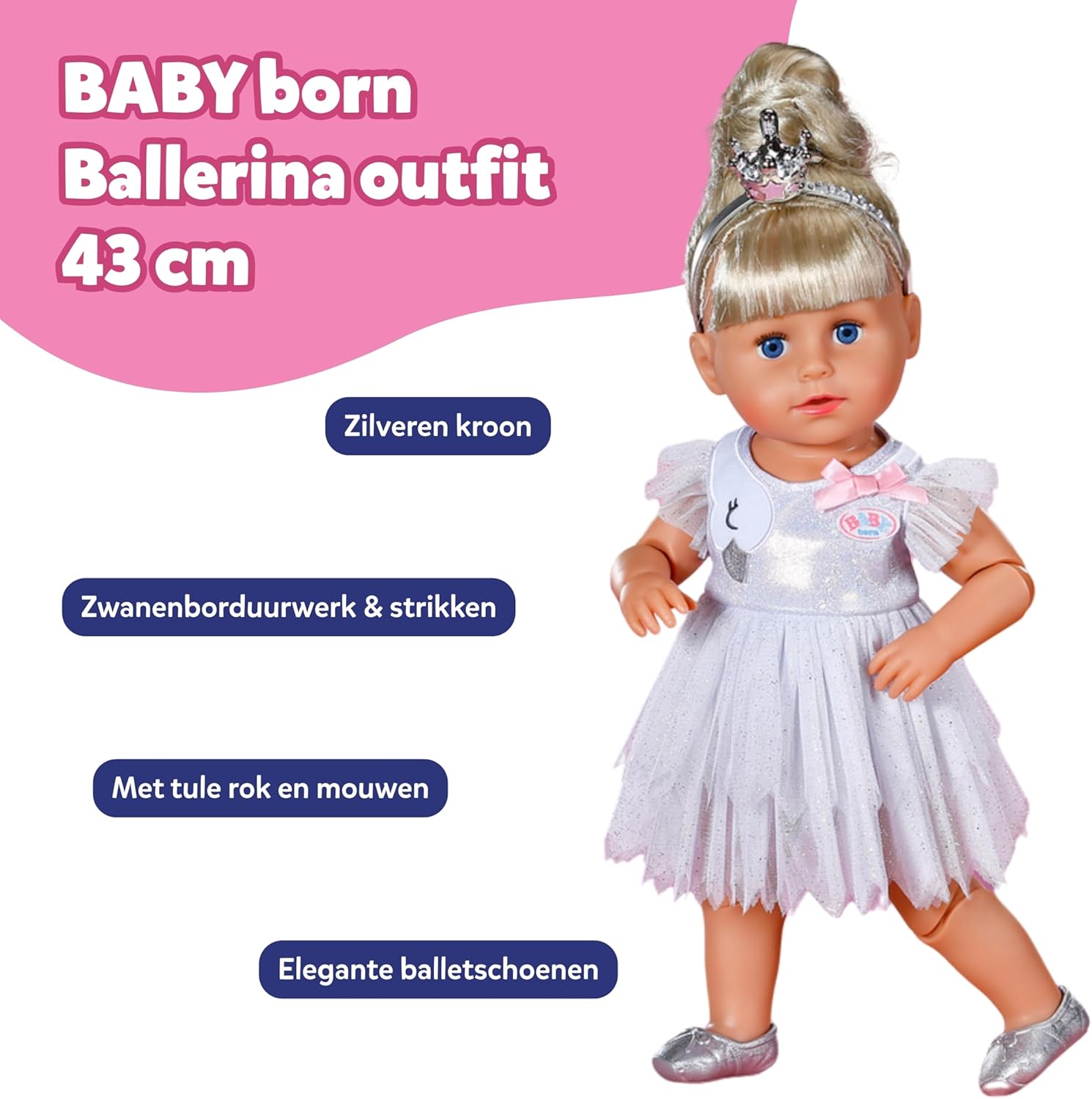 BABY born ballerina outfit - Body & tule rok met zwaan borduurwerk - Incl. haarband met kroon & schoenen - Hoge kwaliteit poppen accessoires - Kleding geschikt voor poppen maat 43 cm