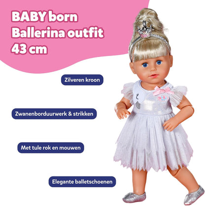 BABY born ballerina outfit - Body & tule rok met zwaan borduurwerk - Incl. haarband met kroon & schoenen - Hoge kwaliteit poppen accessoires - Kleding geschikt voor poppen maat 43 cm