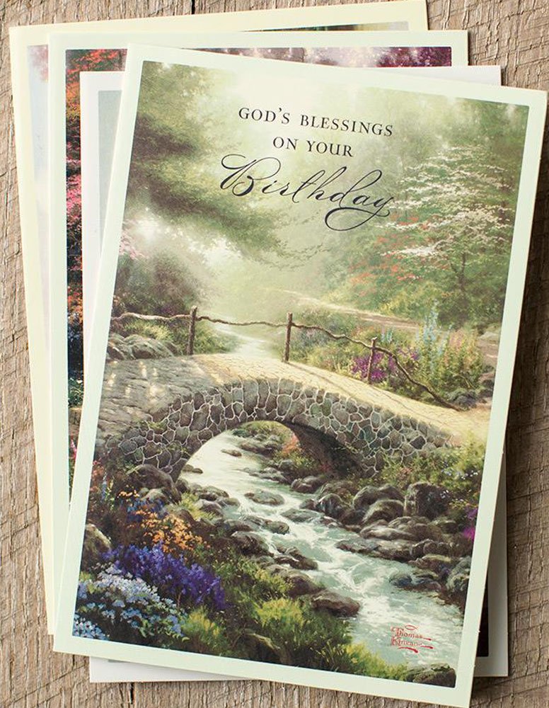 DaySring - God's Blessings on Your Birthday - Thomas Kinkade Painter of Light - 4 Design Assortment With Sciprutre - 12 Birthday Boxed Cards & Envelopes (86068