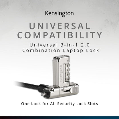 Kensington Verrou Universel 3 en 1 à Combinaison 2.0 pour Ordinateur Portable, Compatible avec Barre en T, Nano, N17, Types de Verrouillage en Forme de Coin, câble de Verrouillage de sécurité pour