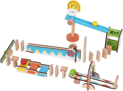 Tooky Toy Domino Run Building 57 Piece Wooden Playset with Kinetic Pinball Set for Kids