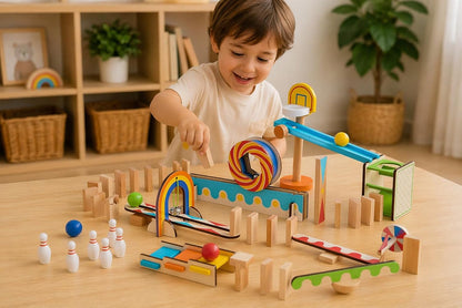 Tooky Toy Domino Run Building 57 Piece Wooden Playset with Kinetic Pinball Set for Kids