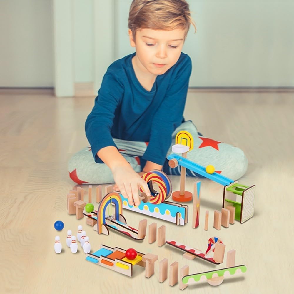Tooky Toy Domino Run Building 57 Piece Wooden Playset with Kinetic Pinball Set for Kids