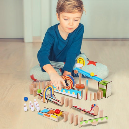 Tooky Toy Domino Run Building 57 Piece Wooden Playset with Kinetic Pinball Set for Kids