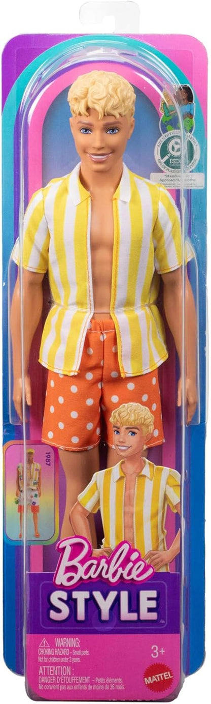 Barbie Fashionistas Style Ken Doll #252 with Blond Hair, Wearing Orange and Yellow Polka-Dot Board Shorts with Yellow and White Striped Shirt, Orange Shoes, JJN66