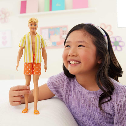 Barbie Fashionistas Style Ken Doll #252 with Blond Hair, Wearing Orange and Yellow Polka-Dot Board Shorts with Yellow and White Striped Shirt, Orange Shoes, JJN66