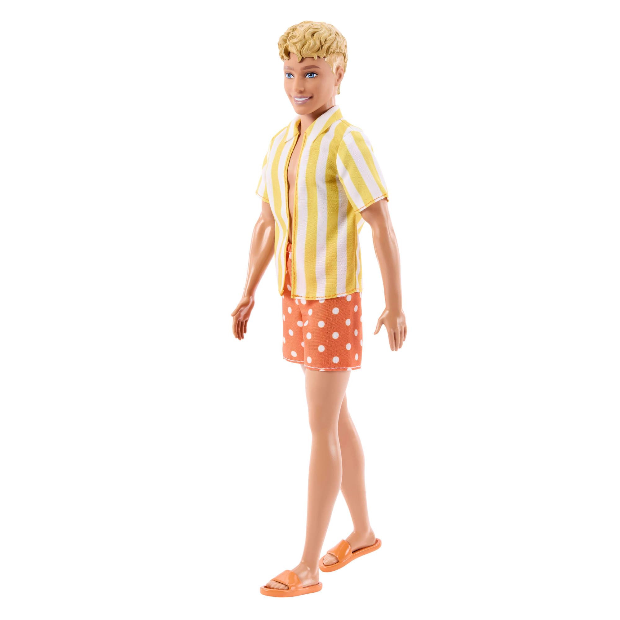 Barbie Fashionistas Style Ken Doll #252 with Blond Hair, Wearing Orange and Yellow Polka-Dot Board Shorts with Yellow and White Striped Shirt, Orange Shoes, JJN66