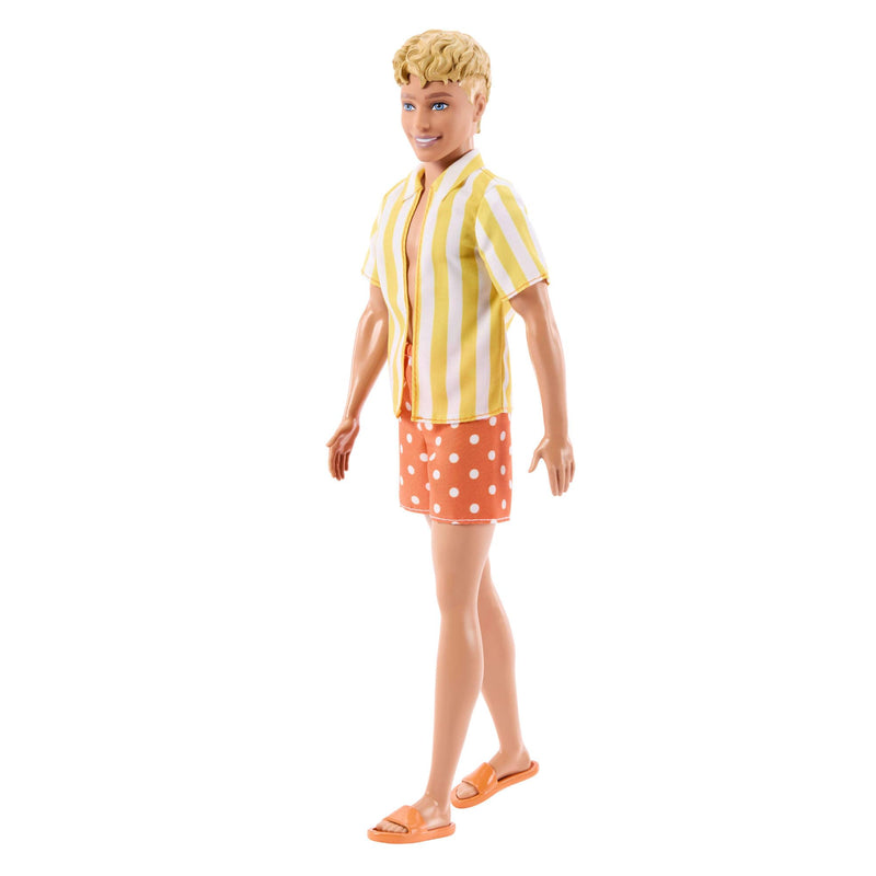 Barbie Fashionistas Style Ken Doll #252 with Blond Hair, Wearing Orange and Yellow Polka-Dot Board Shorts with Yellow and White Striped Shirt, Orange Shoes, JJN66