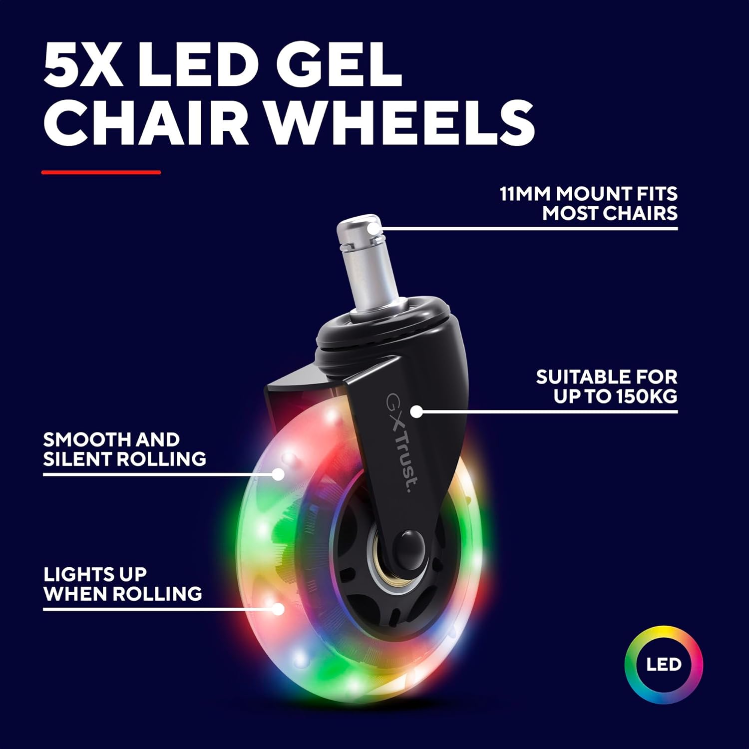 GXTrust Gel LED Chair Wheels 11mm Set of 5, Universal Fit for Gaming Office Computer Chair, Castor Wheels Replacement, Smooth and Silent, Quiet Rolling, Floor-Friendly, RGB Changing Lights
