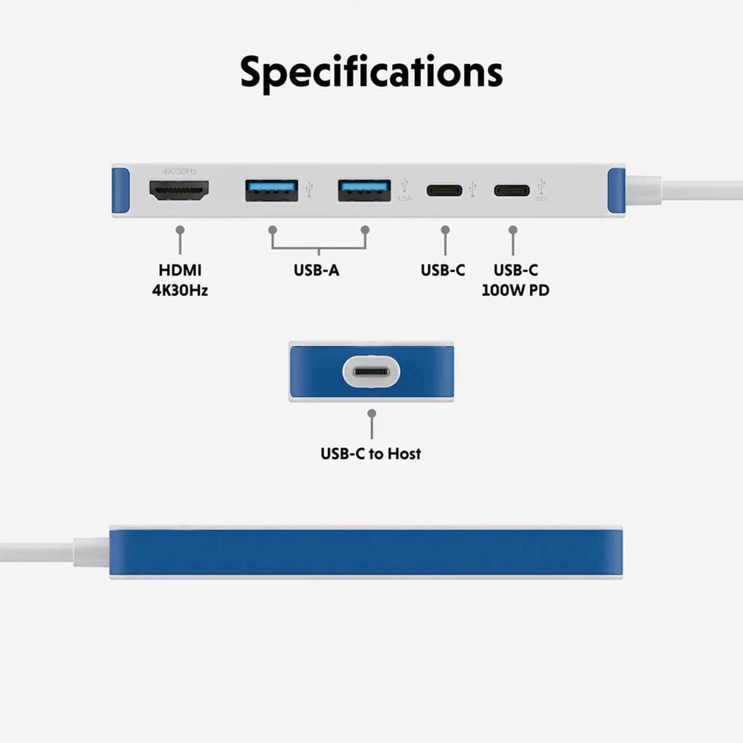 HyperDrive Flex 5-Port USB C Hub Multiport Adapter for Crisp Visuals, Fast Transfers, Charging — HDMI 4K30Hz, 100W Power Delivery, 5Gbps, 2X USB-A — Windows, Chrome, Mac (Blue