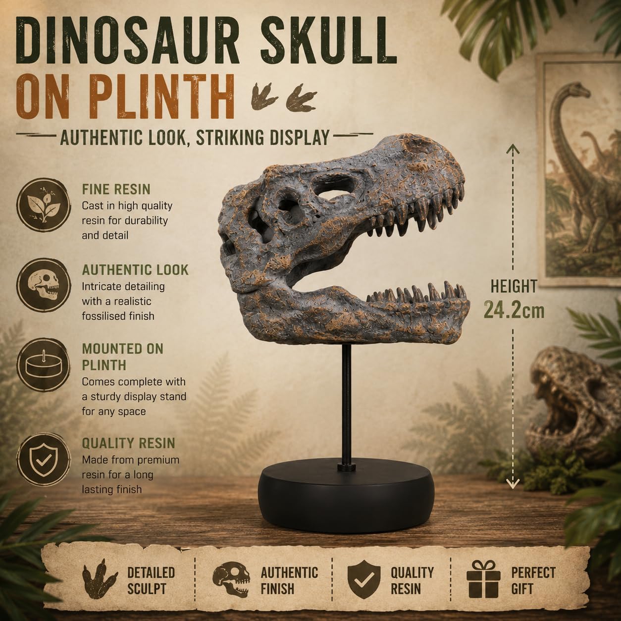 Tyrannosaurus Rex Skull on Plinth 24.2cm – Fossilised T-Rex Skull Ornament, Prehistoric Dinosaur Display Figure