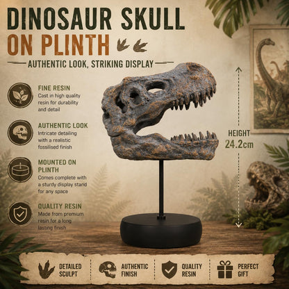 Tyrannosaurus Rex Skull on Plinth 24.2cm – Fossilised T-Rex Skull Ornament, Prehistoric Dinosaur Display Figure