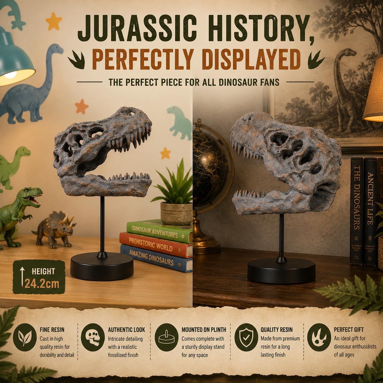 Tyrannosaurus Rex Skull on Plinth 24.2cm – Fossilised T-Rex Skull Ornament, Prehistoric Dinosaur Display Figure