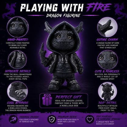 Playing with Fire Dragon Figurine 16.2cm – Gothic Hoodie Dragon Ornament, Humorous Fantasy Collectible