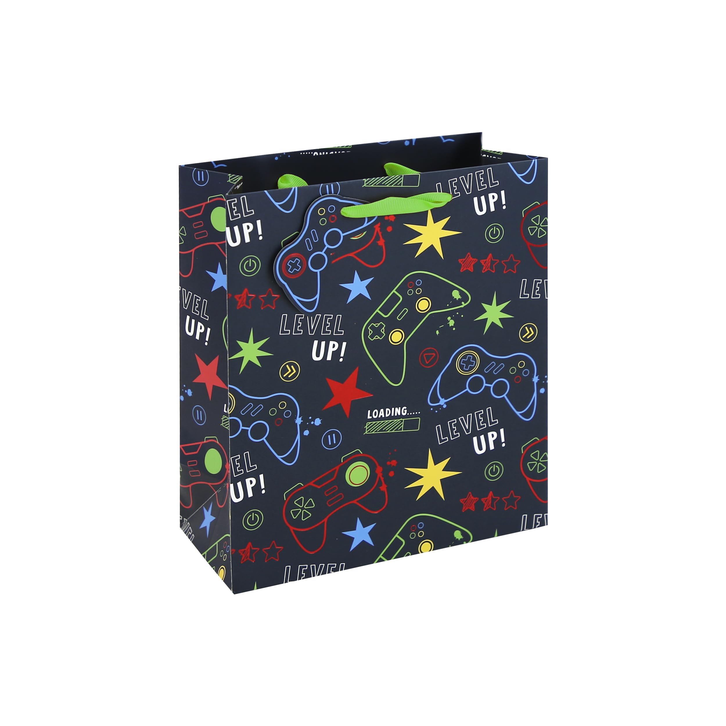 Eurowrap Level Up Medium Gift Bags Pack of 3 – Gaming Present Bags with Neon Controller Artwork, Foil Finish, Ribbon Handles & Gift Tags – Birthday & Celebration Packaging for Parties