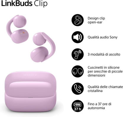 Sony LinkBuds Clip cuffie open-ear, design a clip confortevole, 3 modalità di ascolto, IPX4, chiamate nitide, batteria fino a 37 ore, assistente vocale AI, controllo touch, iOS e Android – Lavender
