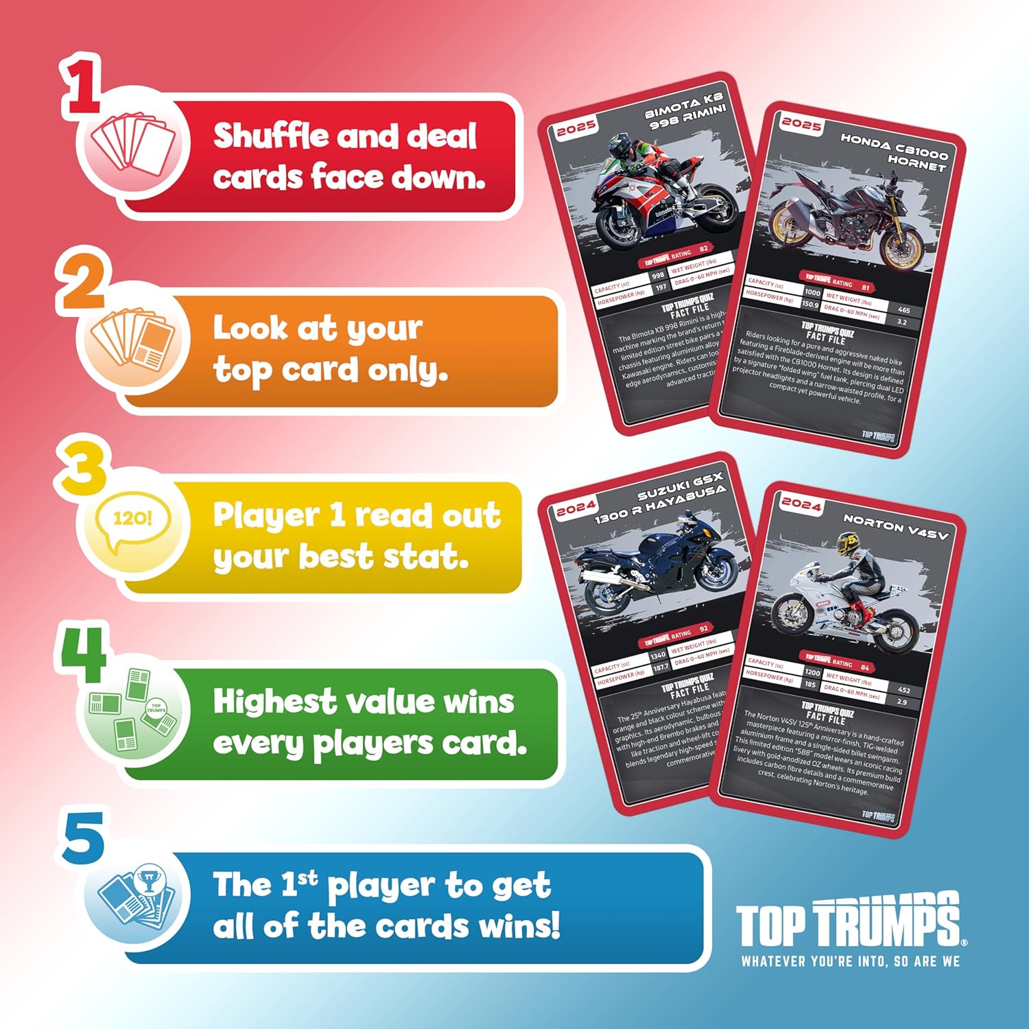 Top Trumps Super Bikes Classics Card Game, Find out how fast Ducati Panigale V4 R is, or how horsepower Kawasaki H2R has in this educational packed game, gifts and toys for boys and girls aged 6 plus