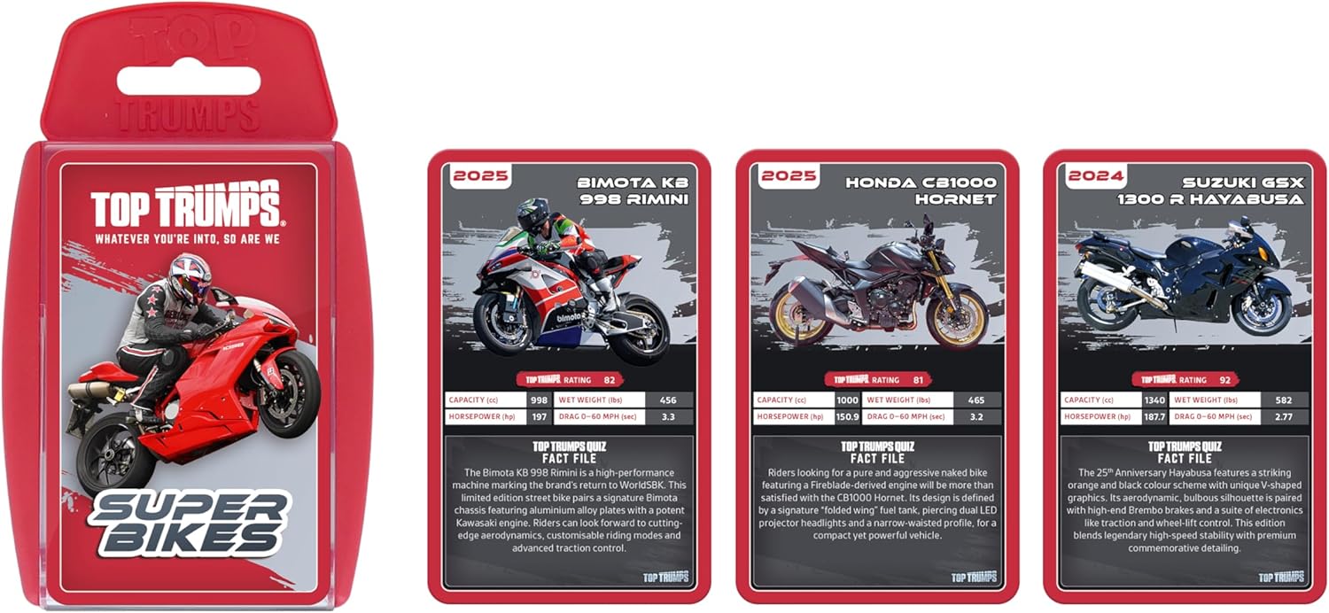 Top Trumps Super Bikes Classics Card Game, Find out how fast Ducati Panigale V4 R is, or how horsepower Kawasaki H2R has in this educational packed game, gifts and toys for boys and girls aged 6 plus