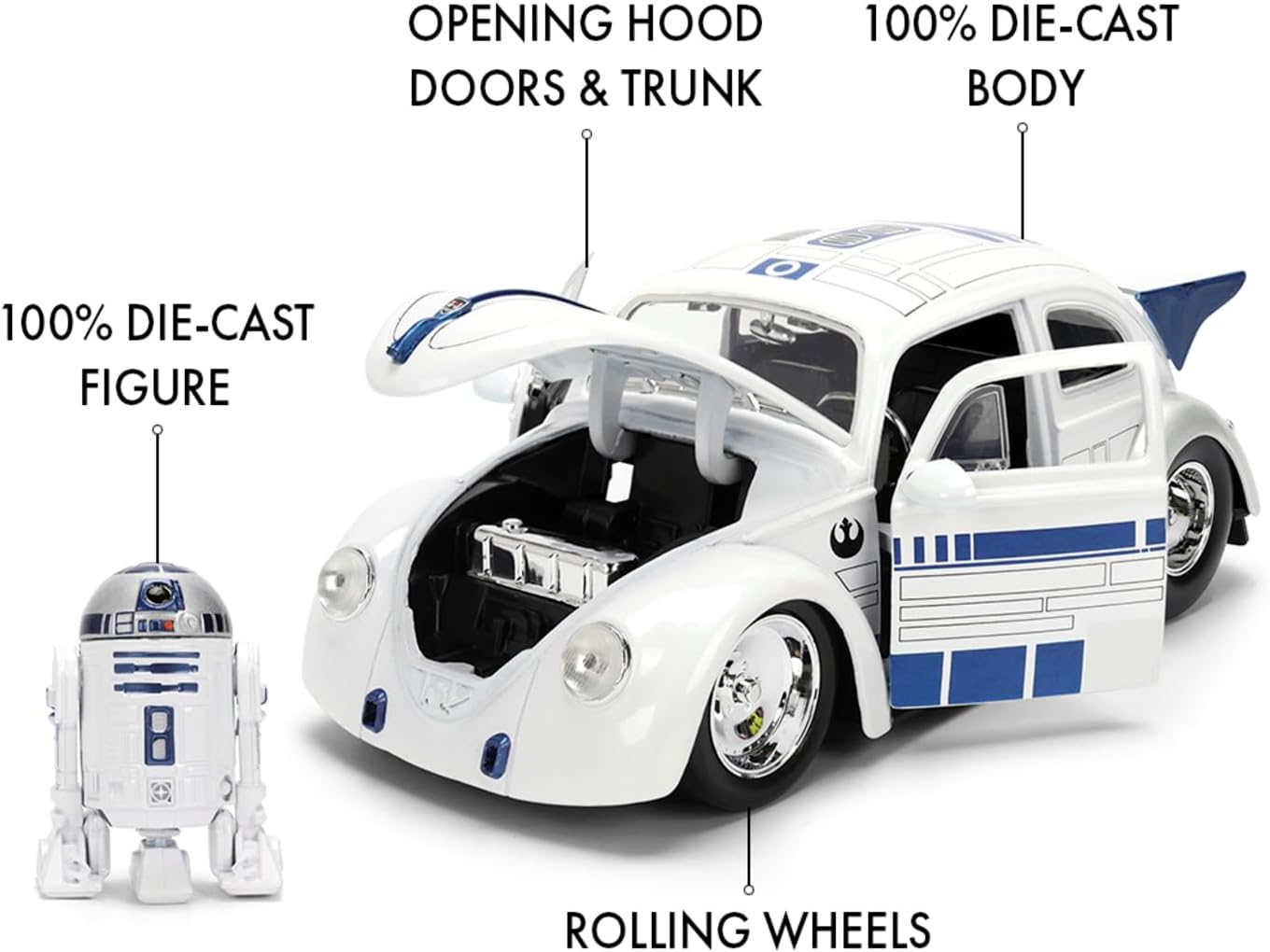 Jada Toys Star Wars Auto R2-D2 VW Drag Beetle (Ca. 19 cm) – Modellauto aus Metall im Maßstab 1:24 mit Die-Cast Figur, für Sammler & Kinder ab 8 Jahren, offiziell lizenziert