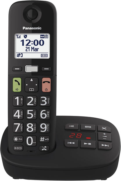 Panasonic KX-TGU130EXB Telefono Cordless Digitale con Segreteria Telefonica, Unità Base e 1 Ricevitore, Display LCD, Tasti Grandi, Fav Call, Compatibile con gli Apparecchi Acustici, Nero
