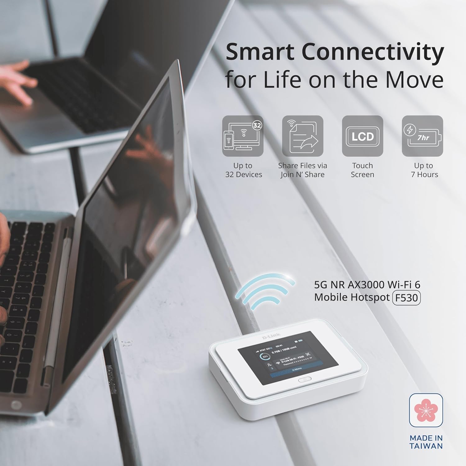 D-Link F530 5G NR AX3000 Wi-Fi 6 Mobile Hotspot, Portable 5G Router, Up to 7.01 Gbps, 2.4" Touchscreen, Connect 32 Devices, 5260 mAh Battery, USB-C PD, microSD File Sharing, SIM Slot, Travel Router