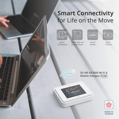 D-Link F530 5G NR AX3000 Wi-Fi 6 Mobile Hotspot, Portable 5G Router, Up to 7.01 Gbps, 2.4" Touchscreen, Connect 32 Devices, 5260 mAh Battery, USB-C PD, microSD File Sharing, SIM Slot, Travel Router