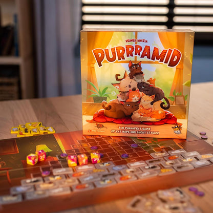 Lucky Duck Games - Purrramid - Cat Stacking Board Game, Family Push Your Luck Dice Game for Kids & Adults, 2–4 Players, Ages 8+