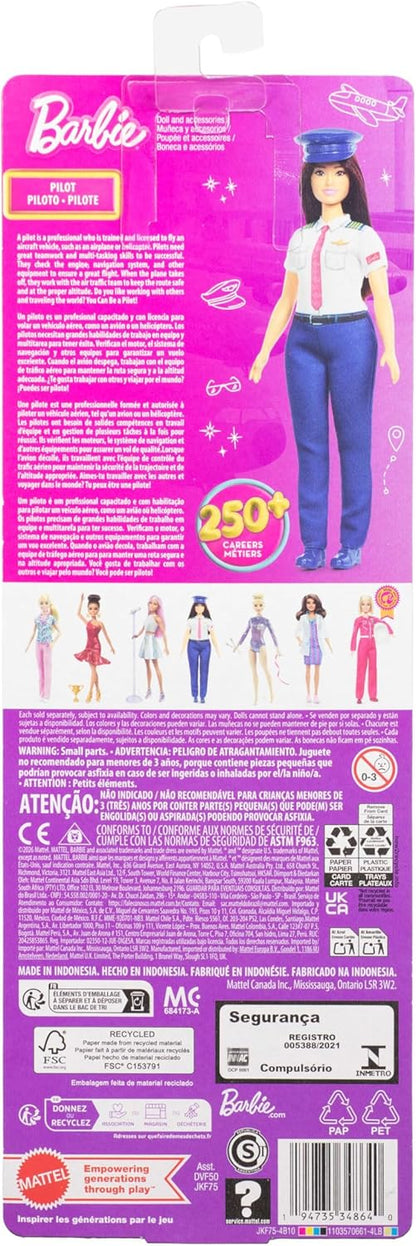 Barbie Careers Pilot Fashion Doll Wearing Removable Look with Flight Uniform & Shoes, Plus Hat Accessory