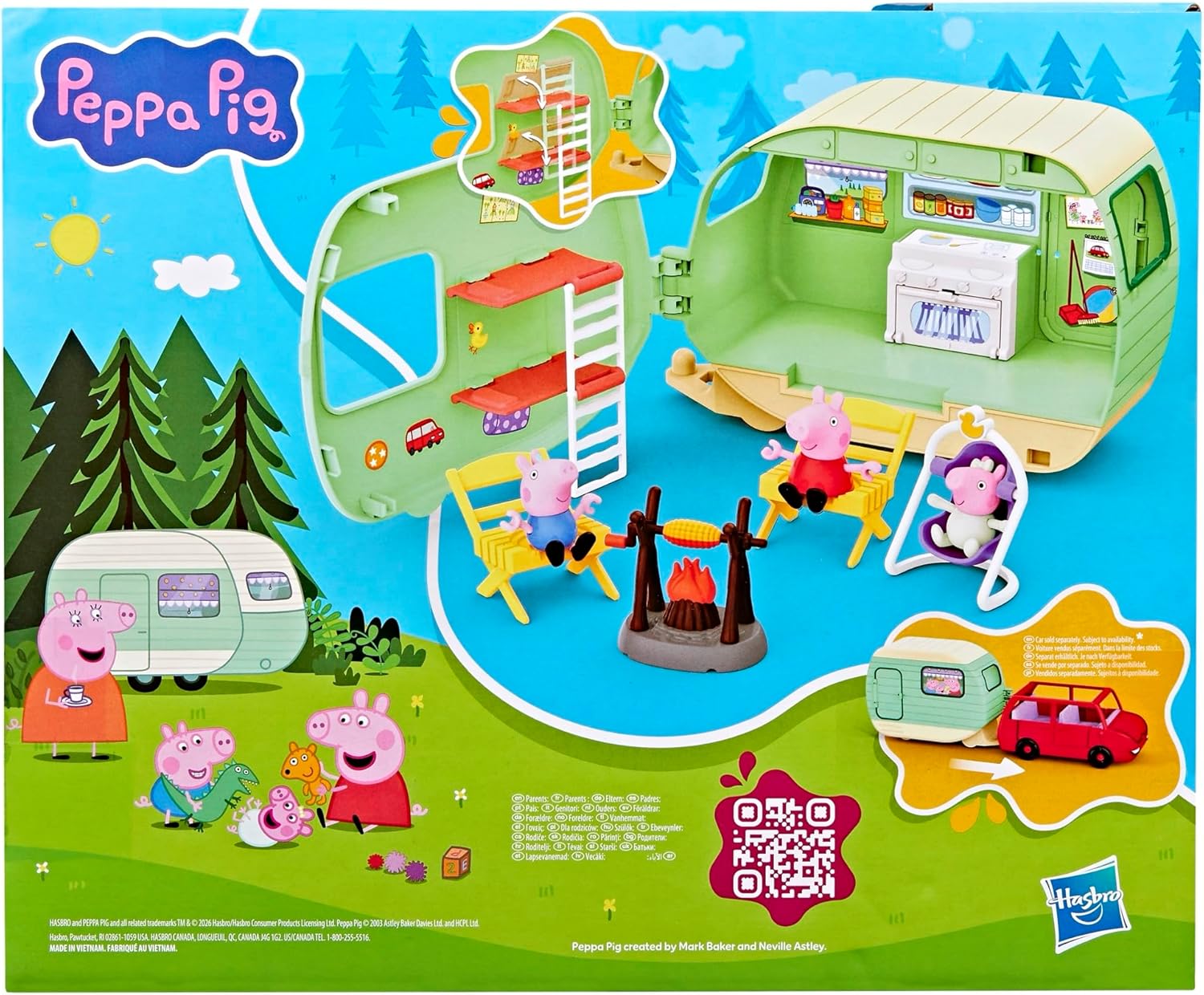 Peppa Pig Three Little Piggies Caravan Playset with 3 Figures, Including Baby Evie, Preschool Toys for Girls and Boys Aged 3+