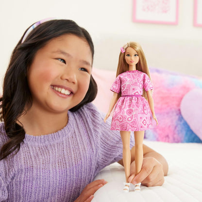 Barbie Fashionistas Style Doll #249 with Blonde Hair, Wearing Pink Paisley Skirt, Pink Paisley Shirt, White Platform Sandals, JJN62