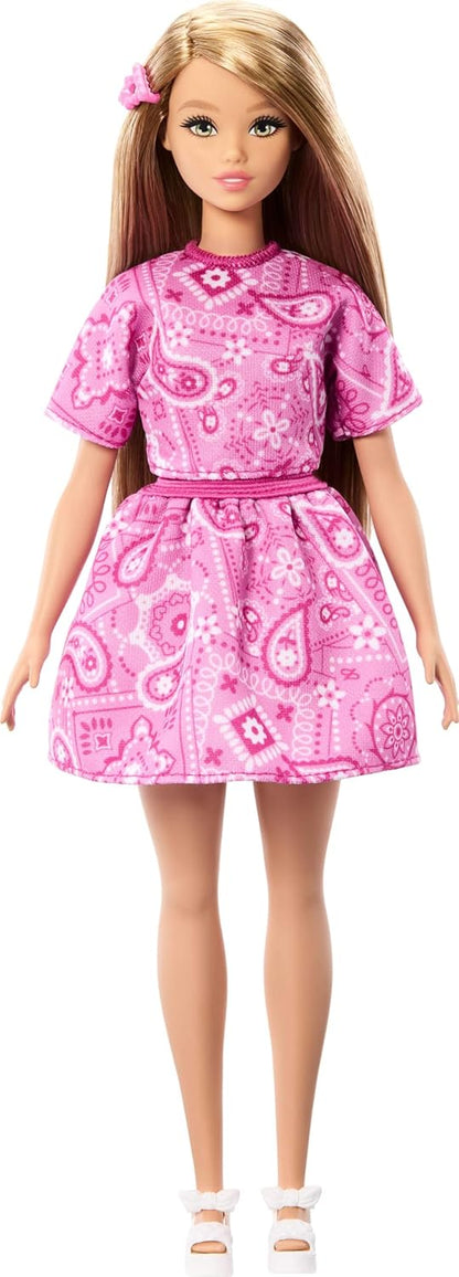 Barbie Fashionistas Style Doll #249 with Blonde Hair, Wearing Pink Paisley Skirt, Pink Paisley Shirt, White Platform Sandals, JJN62