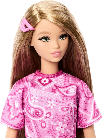 Barbie Fashionistas Style Doll #249 with Blonde Hair, Wearing Pink Paisley Skirt, Pink Paisley Shirt, White Platform Sandals, JJN62