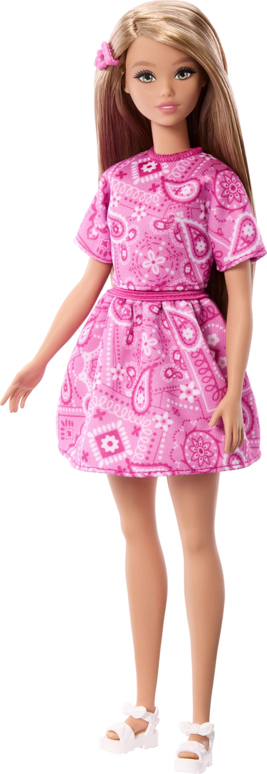 Barbie Fashionistas Style Doll #249 with Blonde Hair, Wearing Pink Paisley Skirt, Pink Paisley Shirt, White Platform Sandals, JJN62
