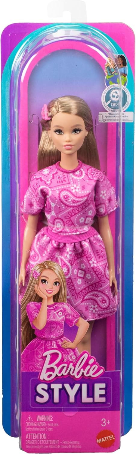 Barbie Fashionistas Style Doll #249 with Blonde Hair, Wearing Pink Paisley Skirt, Pink Paisley Shirt, White Platform Sandals, JJN62